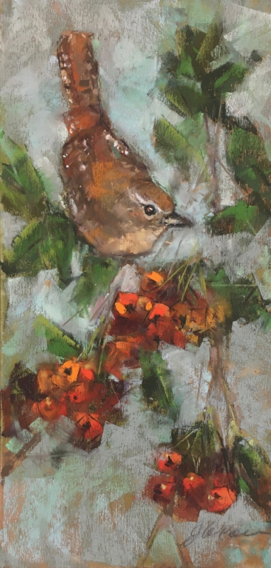 Wren in Fall Berries by artist Jan Weaver